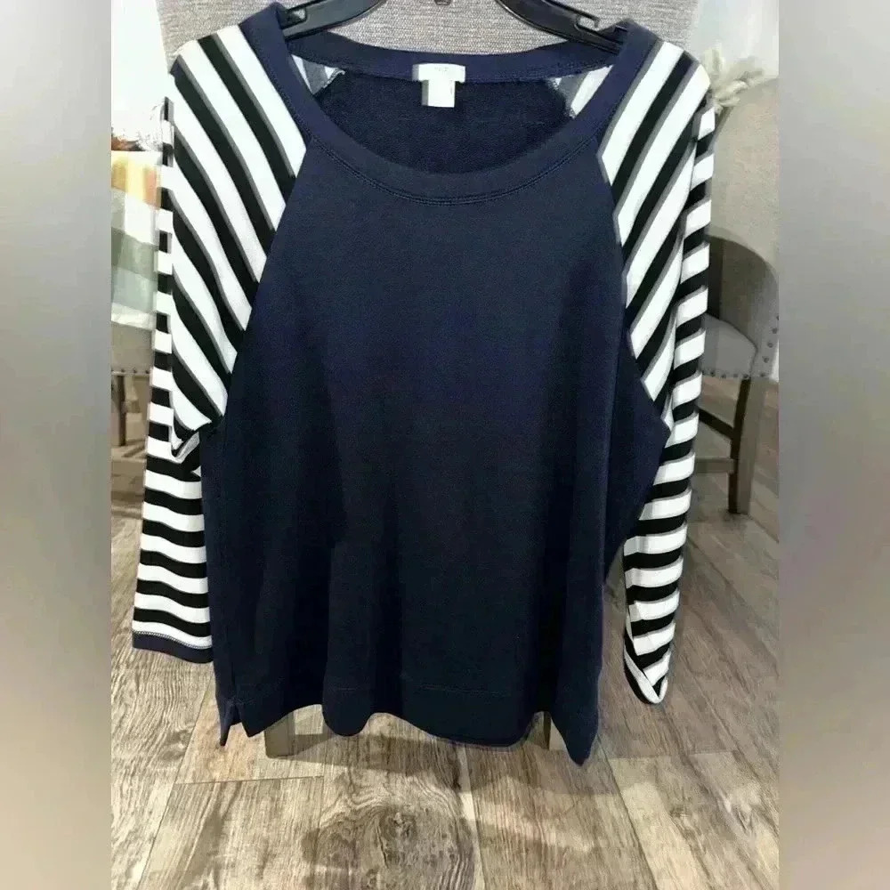 J.Crew Navy Sweatshirt With Striped Polyester Sleeves XL unique top